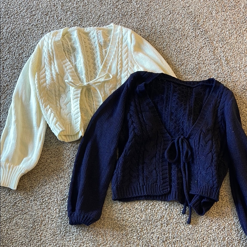 Blue and Cream Cropped Cardigans with Puffed Sleeves